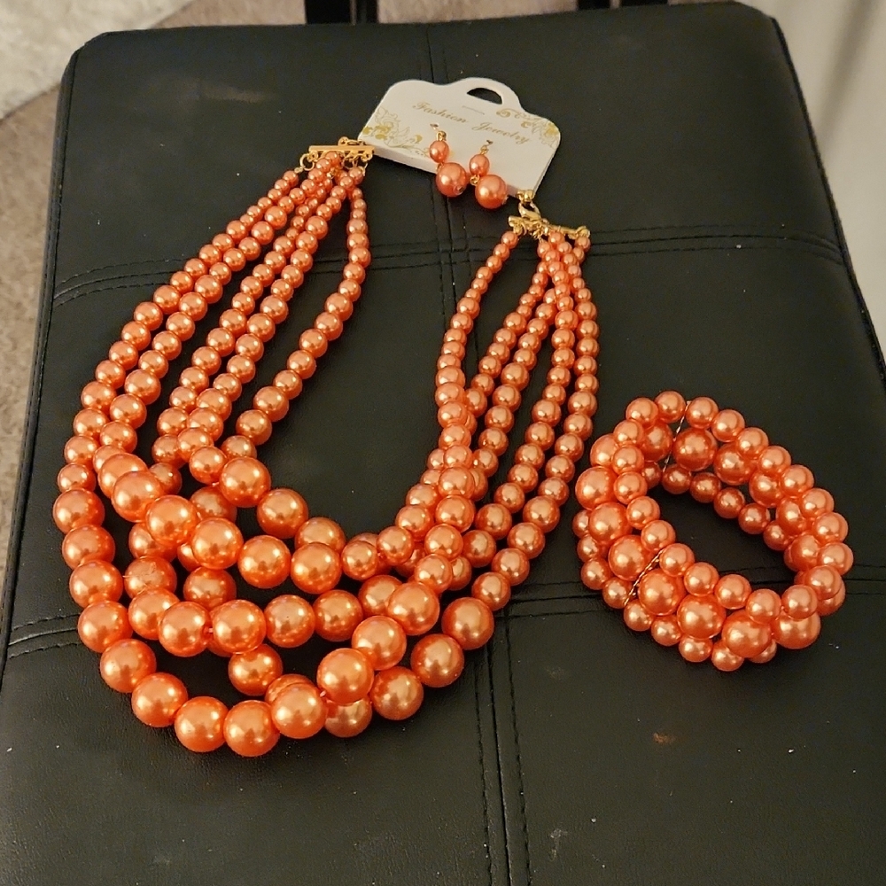 Fashion Jewelry Orange Pearl Necklace Set